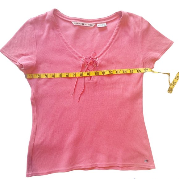 Tommy Hilfiger Pink Ribbed V Neck Lace T-Shirt Sz L - Picture 3 of 9